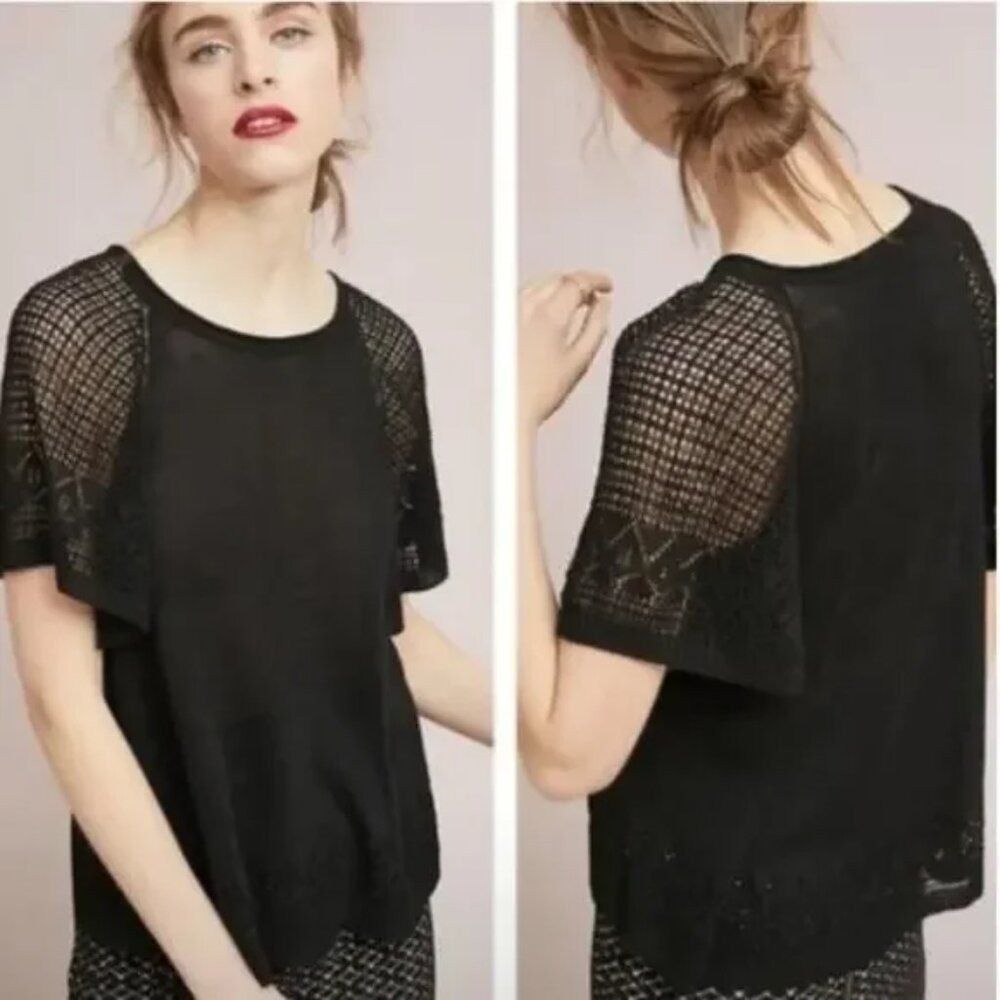 Anthropologie Black Crochet-Sleeve Crewneck Sweater